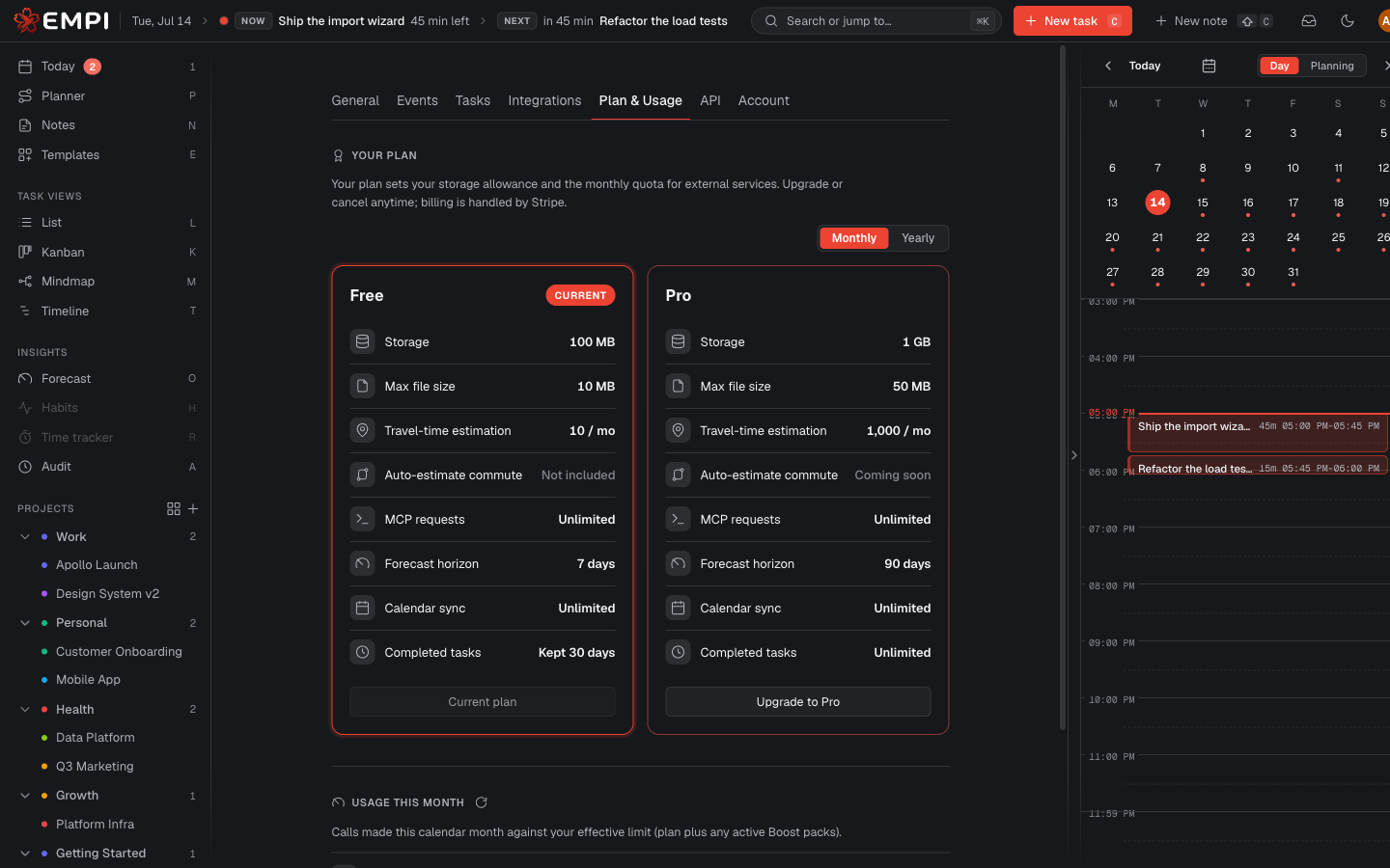 The Plan and Usage settings tab
