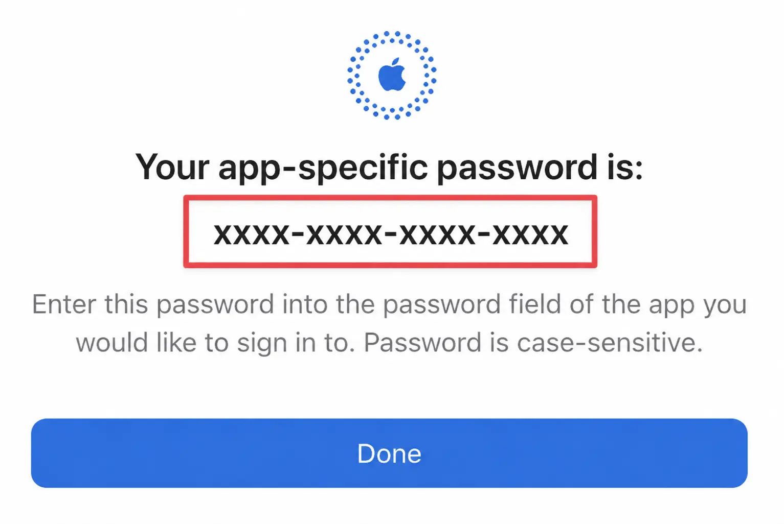 Un exemple fictif de mot de passe spécifique Apple à copier.