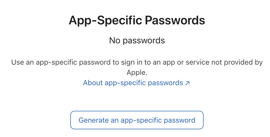 La page Apple Mots de passe spécifiques à une app avec le bouton de génération.