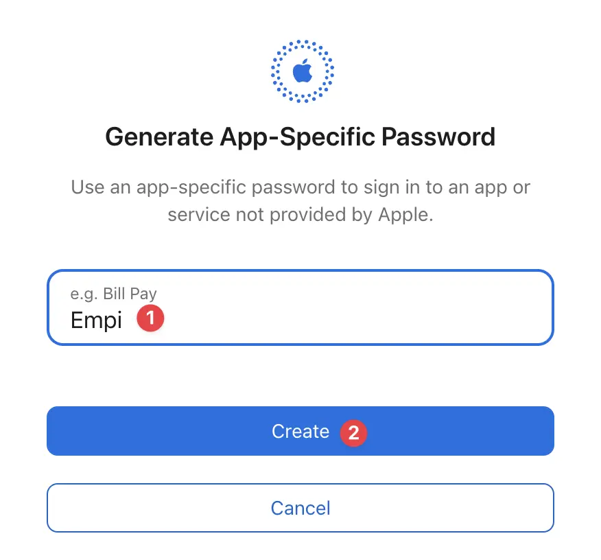 Le champ Apple pour nommer le mot de passe spécifique Empi.
