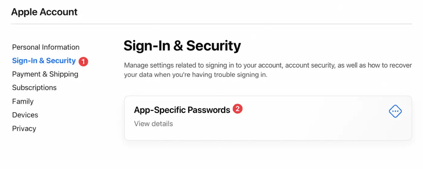 La section Connexion et sécurité du compte Apple, avec Mots de passe spécifiques à une app indiqué.
