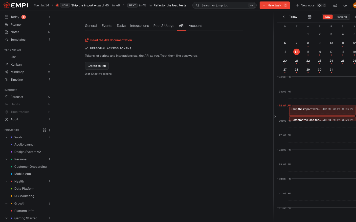 Personal access tokens in Settings