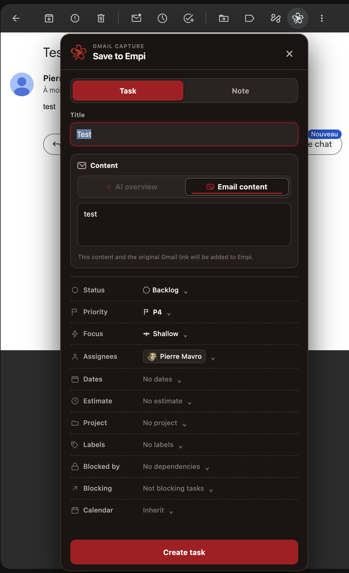 The Empi capture panel inside Gmail