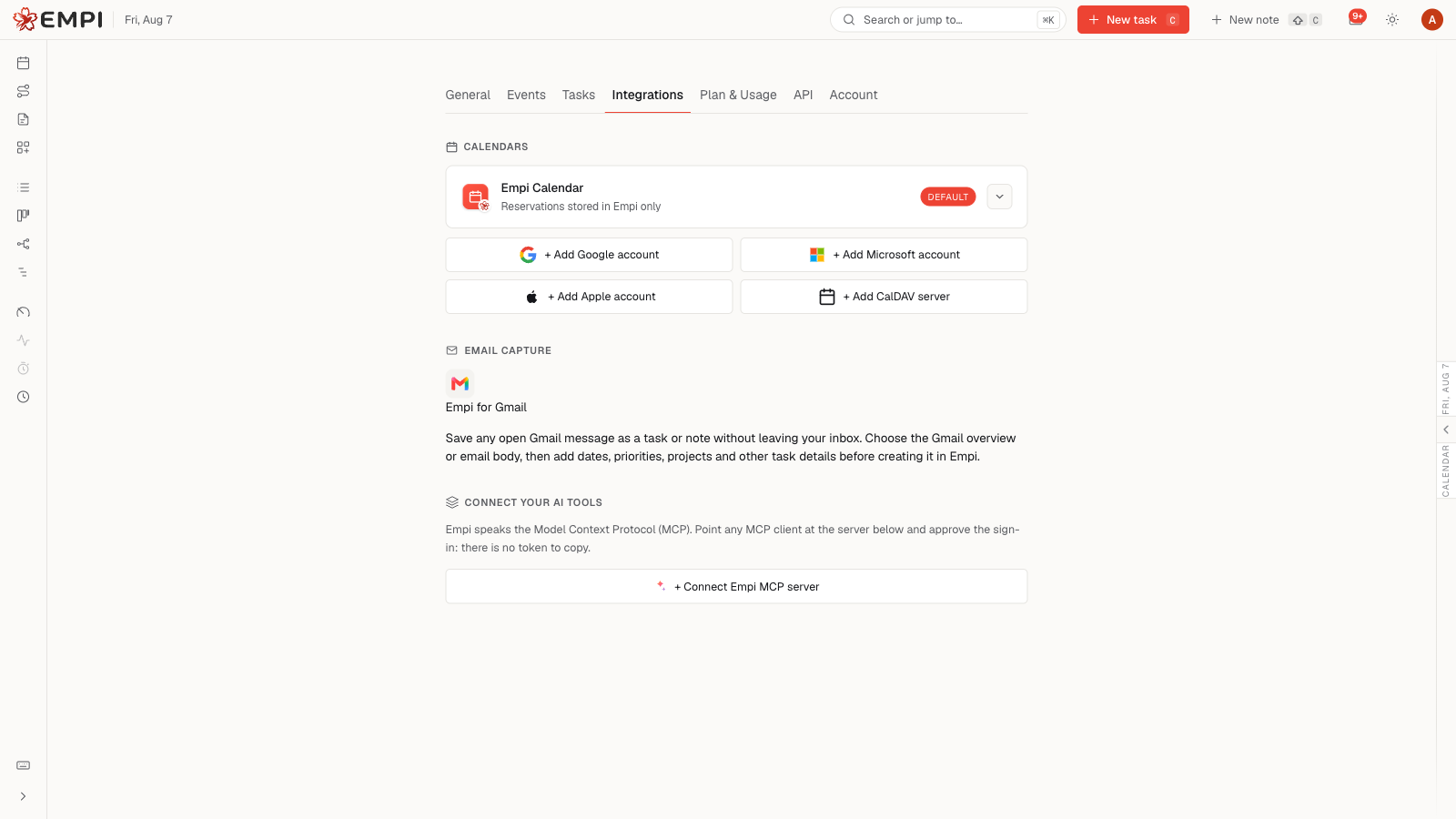 Empi for Gmail connection settings in the light theme