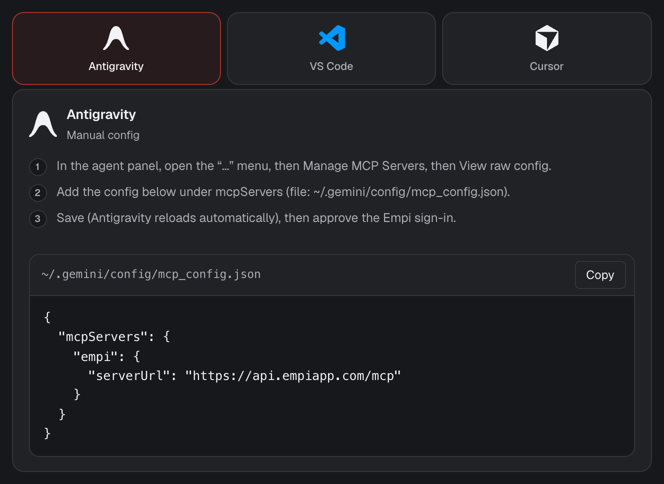 Antigravity setup steps and the mcp_config.json snippet in Empi