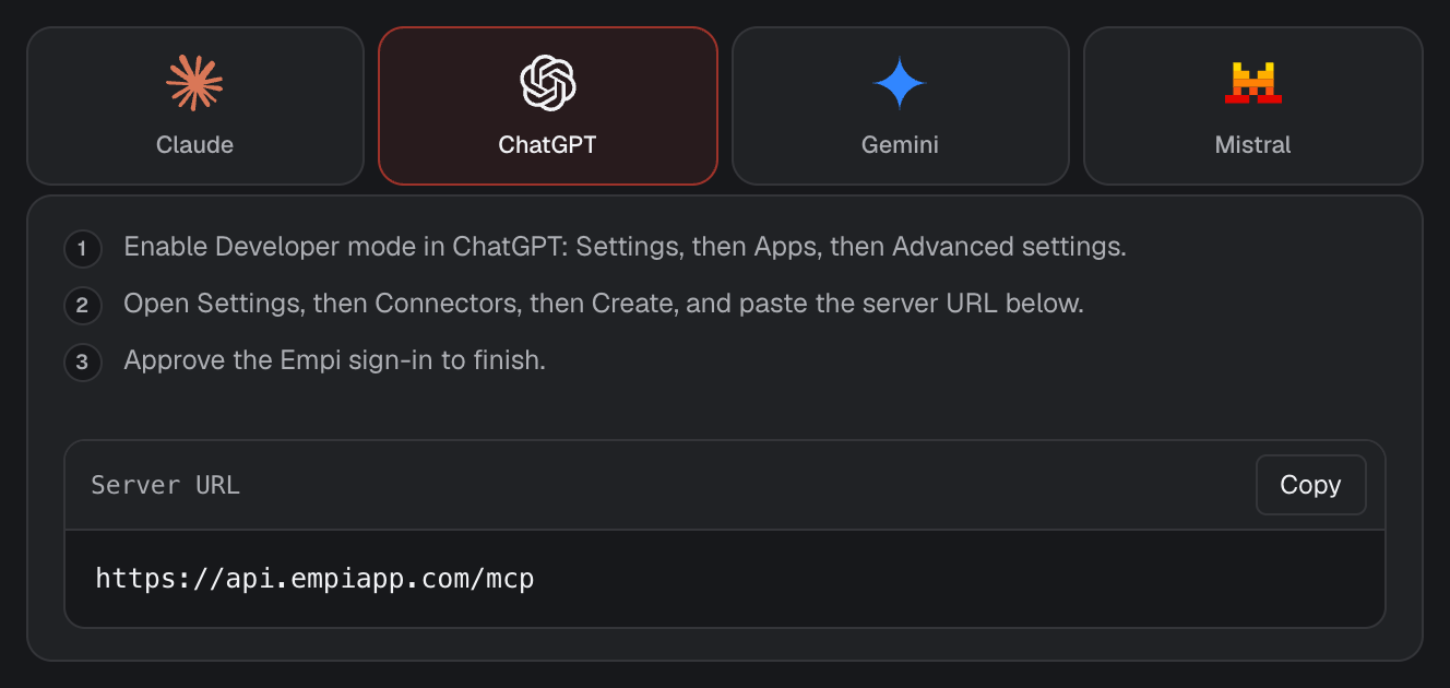 ChatGPT setup steps in Empi