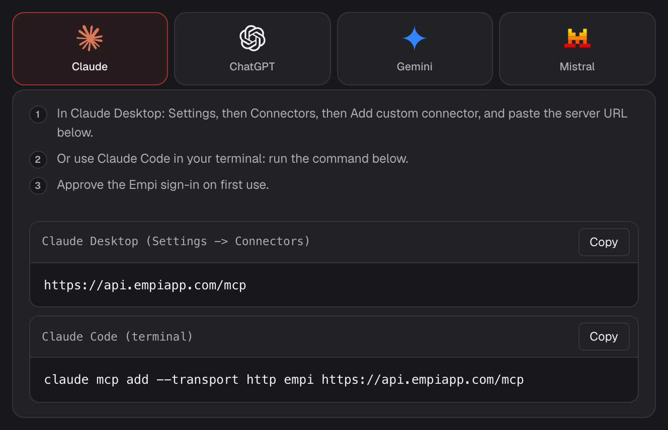 Claude setup steps and the server URL in Empi