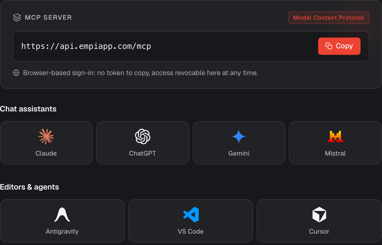 The MCP server URL and the client tiles in Settings > Integrations