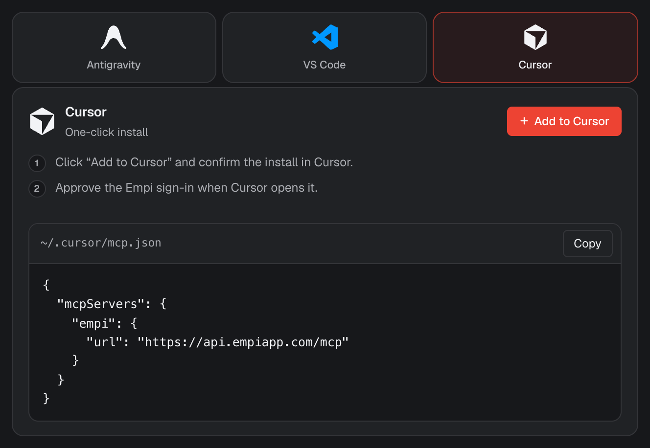 Cursor one-click install in Empi