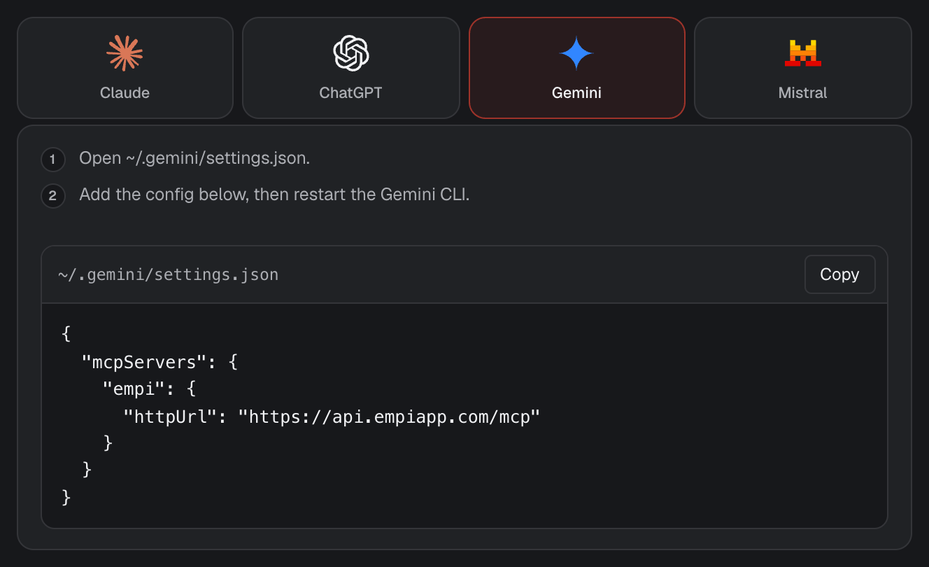 Gemini setup steps and the settings.json snippet in Empi