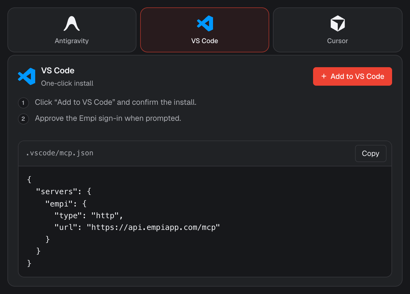 VS Code one-click install in Empi