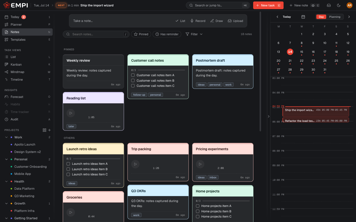 The Notes view