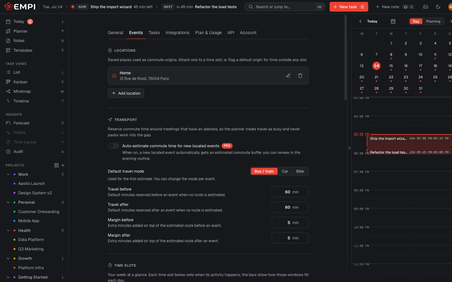 The Events settings tab