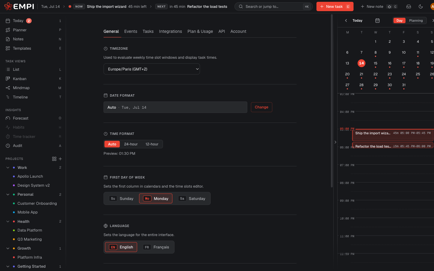 The General settings tab