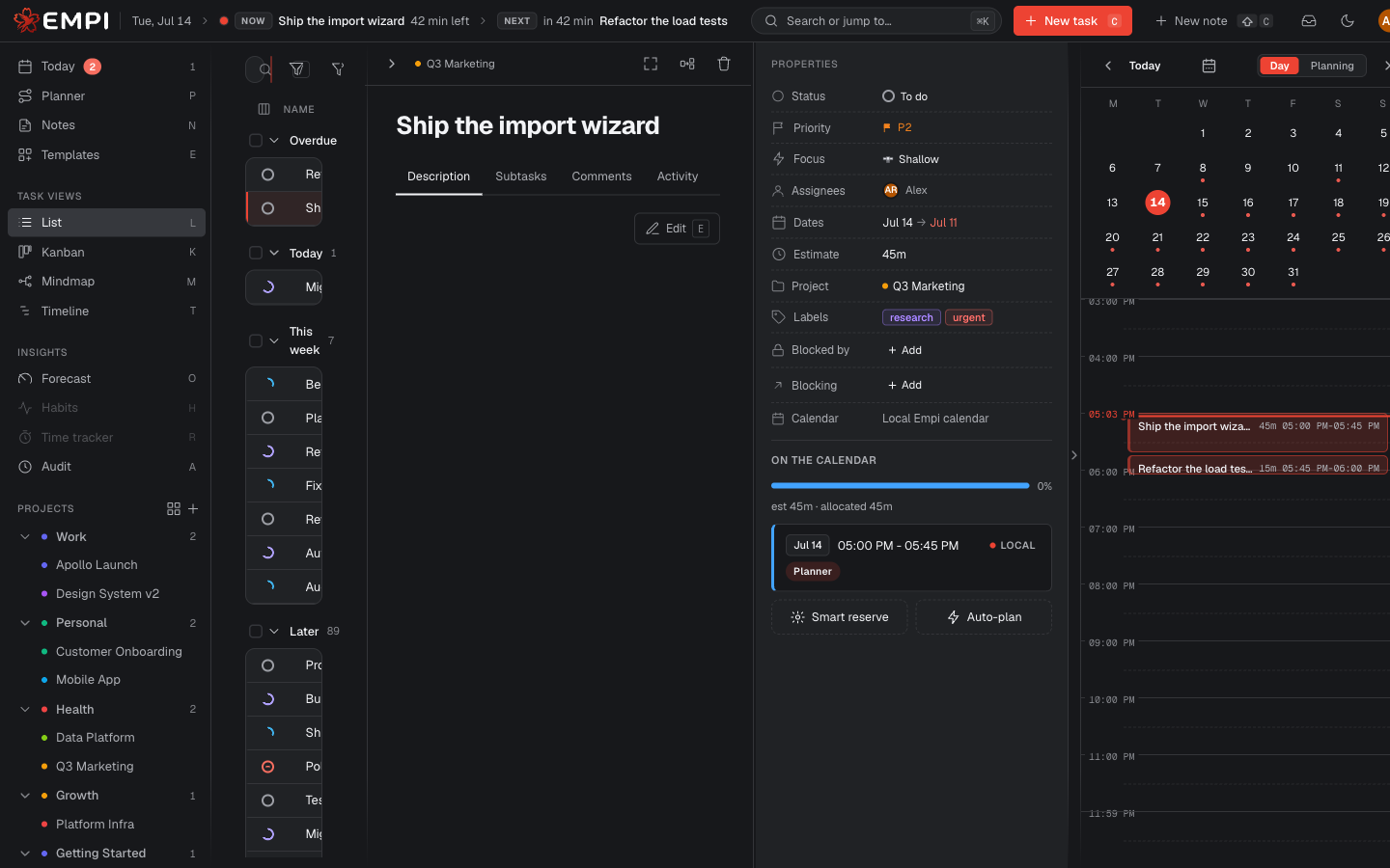 The task detail panel