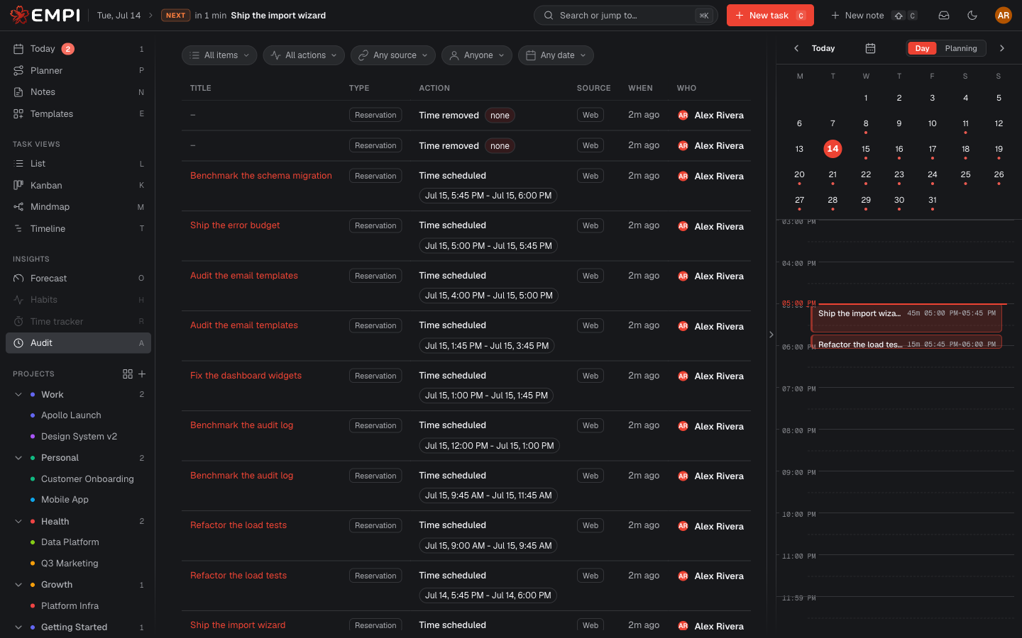The activity log